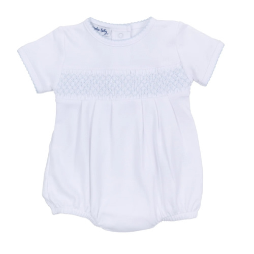 Essentials Solid Smocked Bubble - White Blue – Magnolia Baby