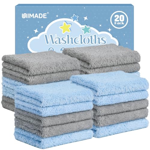 UNIMADE Baby Washcloths, 20 Pack Microfiber Coral Fleece Wash Cloths | Absorbent Baby Towels for Newborns, Infants and Toddlers, Gentle on Sensitive Skin for Face and Body - 7" × 9", Blue&Grey