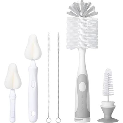 Baby Bottle Brush Set with Nipple Cleaner and Suction, 10.2" Cleaning Brush and 6.5" Sponge Bottle Brush with A Replacement Brush Head and Two 6.7" Straw Brushes, Pack of 5 (Gray)