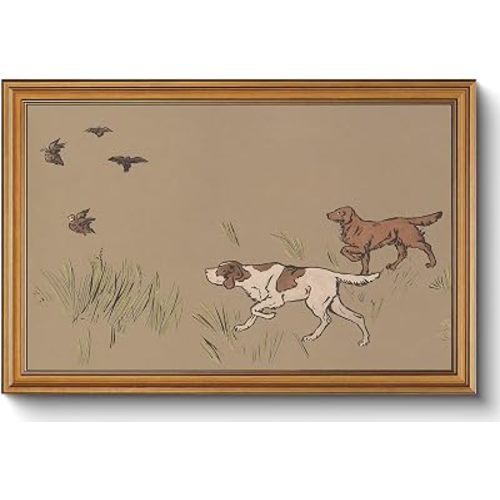 Vintage Hunting Dog Gold Framed Canvas Wall Art 16x24 inch