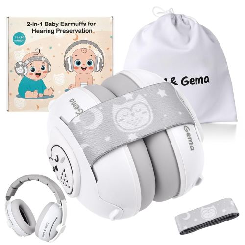 Lilian&Gema 2-in-1 Baby Ear Muffs Noise Protection, Adjustable Headphones with Band, Owls Noise Cancelling Headphones for Babies & Toddler up to 4 Years, Baby Airplane Essentials/Outdoor, White
