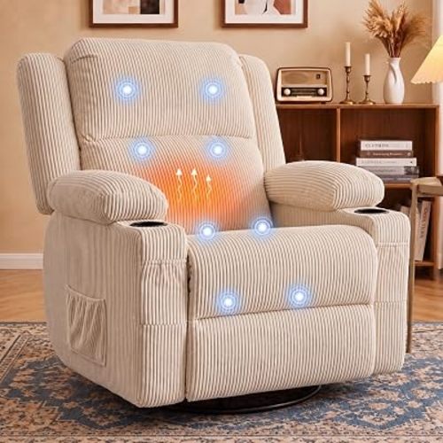 360° Swivel Rocker Recliner Chair with Heat & 8-Point Massage, Oversized Manual Nursery Glider Recliner with USB Port, Cup Holders, Storage Pockets, 400 lbs Capacity, (Beige)