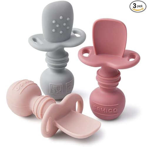SAMiGO Silicone Baby Spoons Self Feeding 6+ Months - Infant Toddler Utensils - First Stage Baby Led Weaning Feeding Supplies - Set of 3 Pack