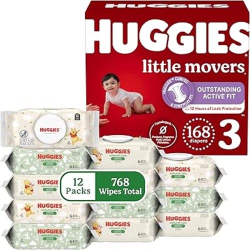 Huggies Little Movers Baby Diapers with Huggies Natural Care Sensitive Baby Wipes, Size 3, 168 Diapers & 768 Wipes, Packaging May Vary
