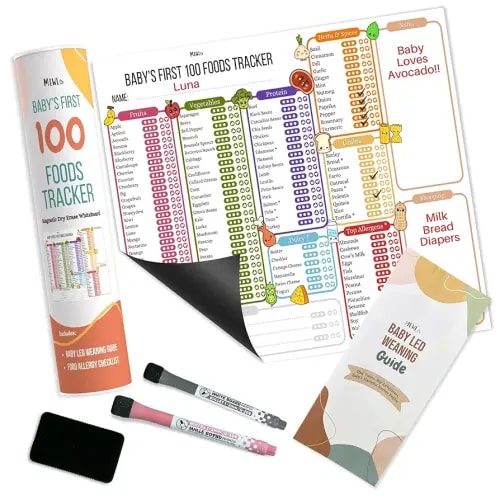 Baby First Foods Tracker & Baby Led Weaning Book Mini Guide by Mewl - 100 Foods Before 1 Checklist Reusable Dry Erase Board - Baby Feeding Essentials: Puree & BLW Supplies for Baby Magnet Board