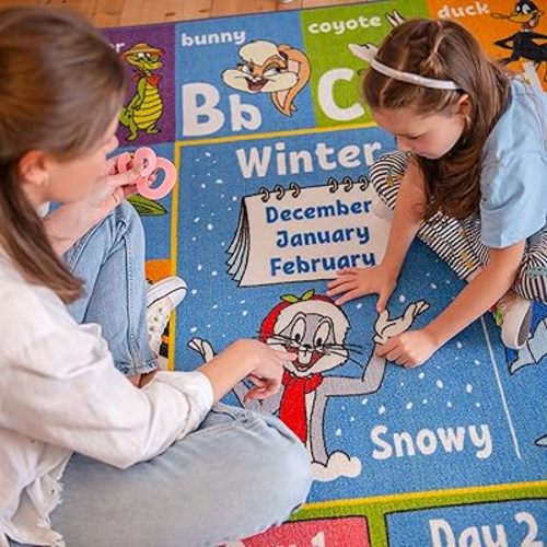 KC Cubs | Looney Tunes ABC Alphabet, Seasons, Months and Days of The Week Educational Learning & Game Play Area Non Slip Boy & Girl Kids Rug Carpet for Children Bedroom, Toddler Classroom & Baby Mat