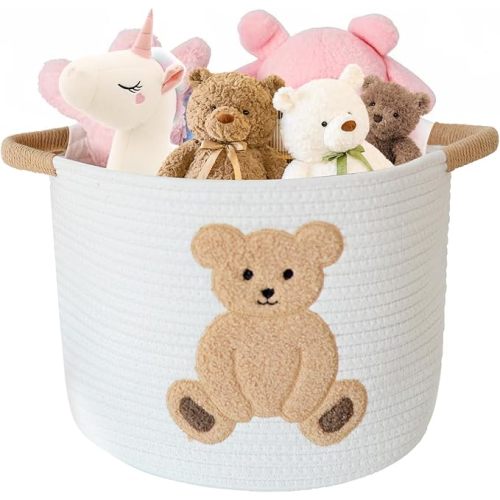 Large Blanket Baskets for Living Room Decor, Toy Storage Baskets Woven Cotton Rope Storage Basket for Kids, Dog Toys Organizer Clothes Hamper with Embroidery Decor for NurseryLaundry (Large, Bear)