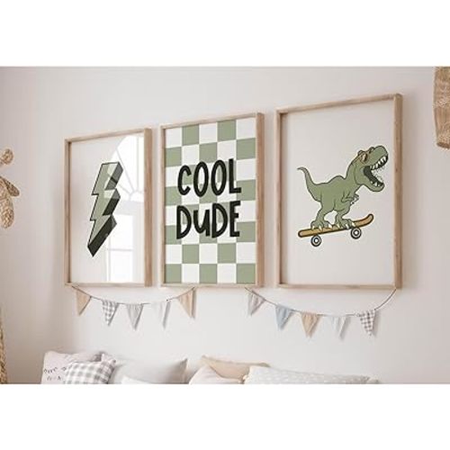 Nursery Dinosaur Wall Art Prints Set of 3 Boys Room Canvas Wall Decor Toddler Kids Wall Art Prints Dinosaur Skateboard Pictures Poster Boys Dino Artwork Decor for Bedroom 16x24 Inch Unframed