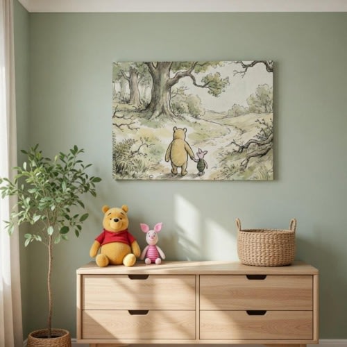 Winnie the Pooh and Piglet Canvas Wall Art, Classic Pooh Nursery Decor, Hundred Acre Wood Poster, Watercolor Forest Scene, New Baby Gift