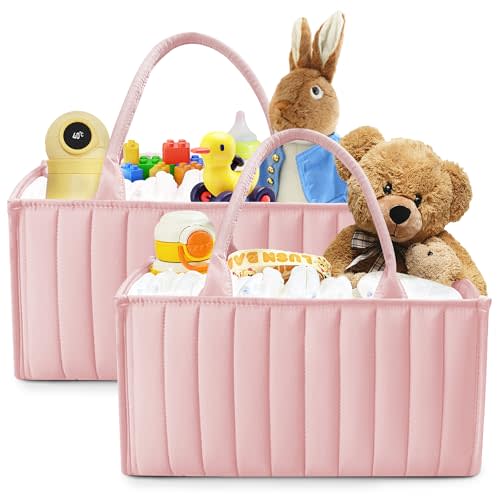 SWEET DOLPHIN 2-Pack Baby Diaper Caddy Organizers, Stylish Storage Baskets for Newborn Essentials, Diaper Station & Car Travel, Value Bundle for Baby Shower Gifts & Registry Must-Haves - Pink