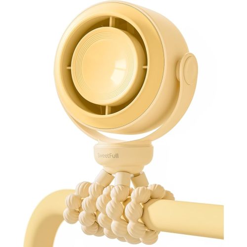 SWEETFULL Portable Stroller Fan, Pinch-Proof Baby Fan - Yellow | Wide Turbine Airflow; Safe Design; LED Display; 5-Speed; 30dB Quiet; USB-C Rechargeable; Mini Clip On Fan for Car Seat & Bed