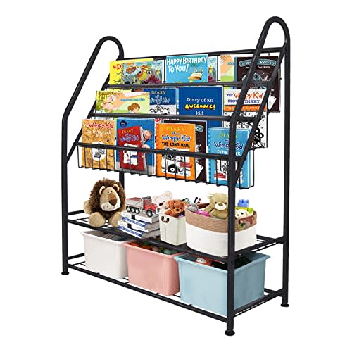 aboxoo Metal Kids Bookshelf Black Large Freestanding for Children Room 32 in Toy Organizer Large Stable Bookcase Bookstore Library Book Unit Storage Kids Bed Living Room