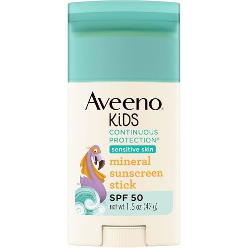 Aveeno Kids Continuous Protection Zinc Oxide Mineral Sunscreen Stick for Sensitive Skin, Face & Body Sunscreen Stick for Kids with Broad Spectrum SPF 50, Sweat- & Water-Resistant, 1.5 oz