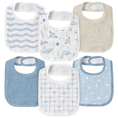 GLLQUEN BABY Muslin Drool Bibs for Boys Girls 6 Pack, Adjustable Baby Bibs for Drooling and Teething, Soft Cotton Baby Bandana Bib for Newborn Feeding Essentials (Ocean Whimsy)