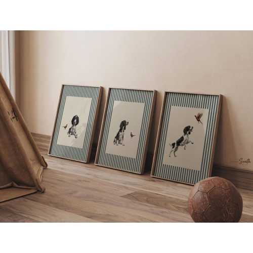 English Springer Spaniel Puppy Art Prints, Pheasant Hunting Dog Decor, Set of 3