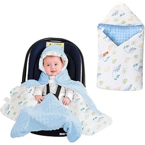 LAT LEE AND TOWN Winter Baby Car Seat Blanket-Universal CarSeat Covers for Babies,Thicken Warm Swaddle Blankets for Infants Newborn,Baby Bunting for Stroller,35"x35"(Leaves Dinosaur+Blue)
