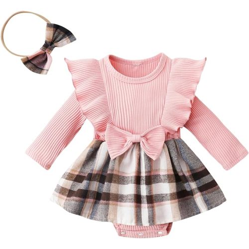 Madjtlqy Newborn Baby Girl Fall Winter Outfit Set Plaid Romper Dress Ruffles Long Sleeve Clothes Jumpsuit with Bow Headband