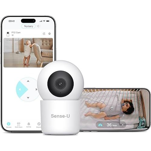 Sense-U AI 2.5K PTZ Baby Camera Monitor with Sensor-Free Sleep Breathing Movement Detection, Smart Security Indoor Video Camera with Background Audio, Cry Detection, No Monthly Fee, for Peace of Mind