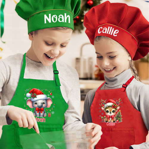 Personalized Cartoon Christmas Hat Animal Adjustable Kid Apron Chef Hat Set with Name and Pocket for Cooking Christmas Gift for Kids - CALLIE