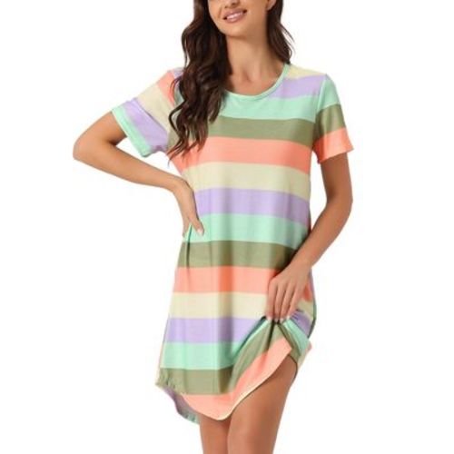 cheibear Women's Curved Hem Round Neck Striped Short Sleeve T-shirt Dress Sleepshirt Large Deep Color