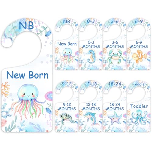 AnyDesign 8 pcs Ocean Wooden Baby Closet Dividers Baby Wardrobe Hanger Organizer Starfish Turtle Crab Newborn to 24 Months Wooden Infant Wardrobe Separators for Summer Home Nursery Gifts