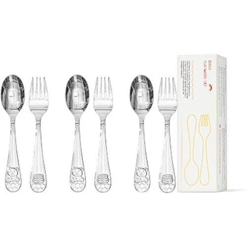 KINGSTONE Toddler Utensils Set, 6-Piece Small Forks & Spoons, 18/10 Stainless Steel, Ergonomic Self-Feeding Children’s Flatware for Home, Travel & Preschool, Honey Bear Print
