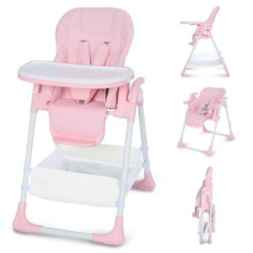 Kinder King Foldable High Chair for Babies & Toddlers, Adjustable Height, Recline, Storage Basket, Double Trays, Easy to Clean, Pink
