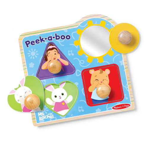 Melissa & Doug® Ms. Rachel™ Wooden Peek-a-Boo Jumbo Peg Puzzle, 4-Piece with Mirror, Toddler Toys Ages 1+ Years
