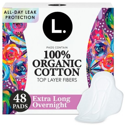 L. Organic Cotton Top Layer Ultra Thin Pads with Wings - Extra Long Overnight Absorbency - 48ct