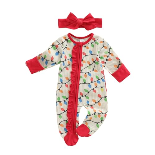 Ayalinggo Newborn Baby Romper Infant Girl One-piece Outfit Waffle Ruffle Zip Footie Spring Summer Clothes With Bow Headband