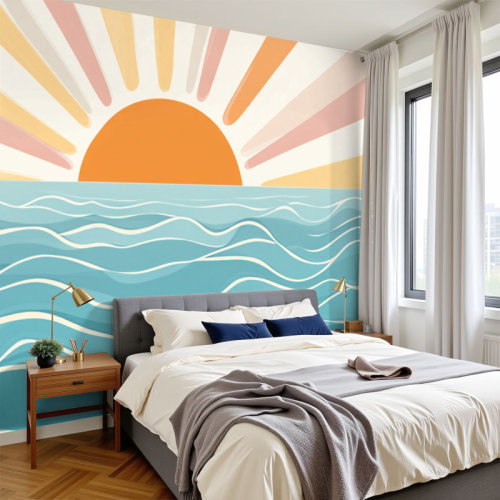Red Barrel Studio® Peel and Stick Wallpaper Modern Self Adhesive Wall Mural for Bedroom Sunset Calm Waves Retro Colorful Rays | Wayfair