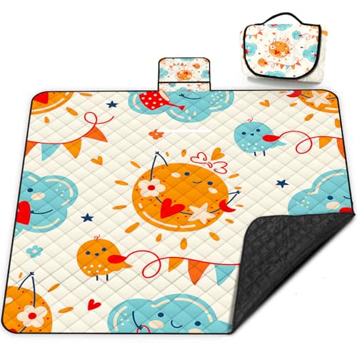Poedist Extra Large Picnic Blanket Waterproof,80"x 80"Foldable Machine Washable Beach Blanket,Outdoor Blanket for 6-8 Adults,Suitable for Indoor Crawling,Park Beach,Camping,Hiking,Family Travel(Sun)