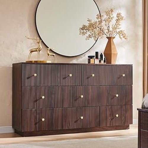 Fluted Dresser for Bedroom, 55" W 8 Drawer Dressers, Wood Tall Dresser Storage Organizer, Modern Bedroom Chest of Drawer with Deep Storage for Closet Hallway, Entryway, Living Room, Brown