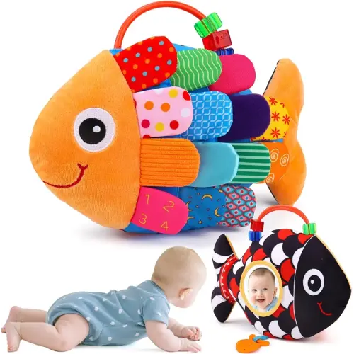 Baby Sensory Tummy Time Toys 0-6 Months Music Fish Toy for Newborn 3 4 5 6 Month Old Black and White High Contrast Infant Toys with Mirror Crinkle Rattle for 3-6 6-12 Months Baby Boy Girl Shower Gifts