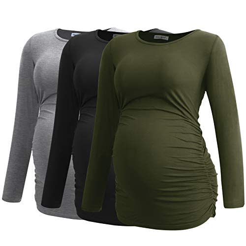 Smallshow Women's Maternity Shirts Long Sleeve Pregnancy Clothes Tops 3-Pack