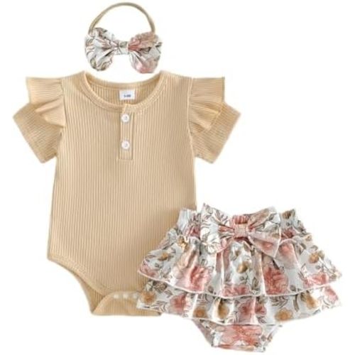 fhutpw Newborn Baby Girl Clothes Ribbed Sleeve Romper Top Leopard Ruffle Shorts Bow Headband Infant Summer Outfits 0-18M
