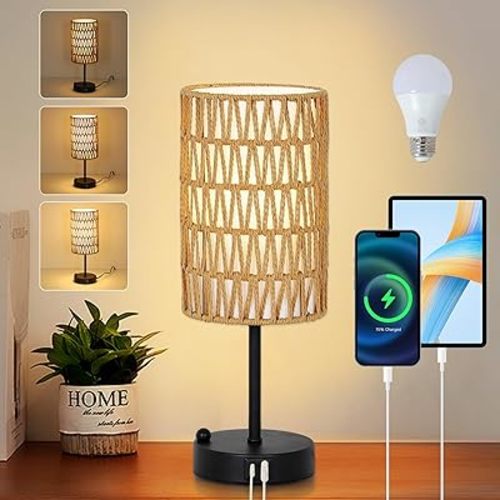 Touch Table Lamp For Bedroom with Bulb, Boho Small Desk Lamp For Living Room With Rattan & Linen Shade, 3 Way Dimmable Bedside Table Lamp For Nightstand With USB Charging Port & Phone Stand For Office