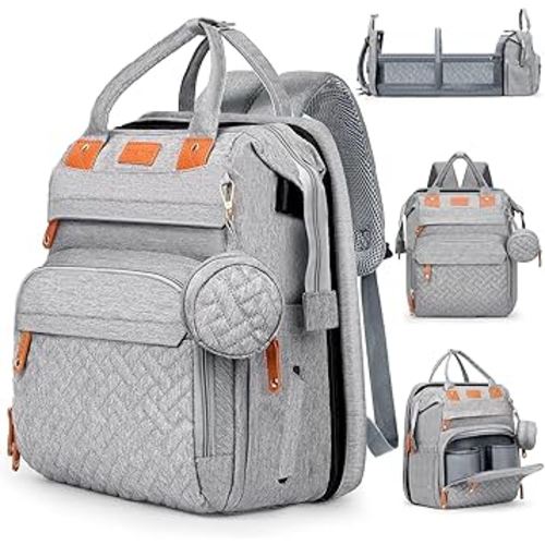 Baby Diaper Bag, Backpack with Changing Table, Unisex Baby Bag, with Diaper Pad, USB Charging Port, Insulated Pacifier Case, Multifunctional Waterproof Travel Diaper Bag, Gift for Newborn Baby (Grey)