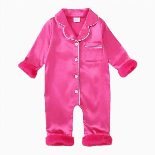 YDFCWXW Long Sleeve Button Down Satin Silk Pajamas, Baby Girl Boy Pjs Jumpsuit Loungewear (Hot Pink, 3-6 Months)