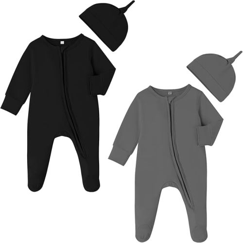 DREAM BUS 2 Pack Newborn One-piece Zipped Romper with Beanie Hats Baby Boy Long Sleeve Footie Infant Cotton Jumpsuit