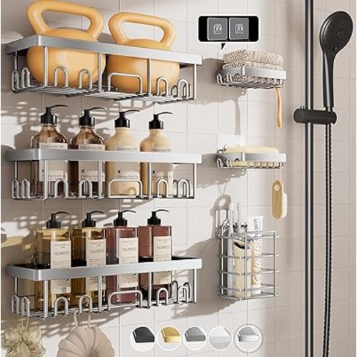 Veken Shower Caddy 6-Pack, Family Choice Award Winner, Large Wall Mounted Shower Rack, Bathroom Shelves Over Toilet, Organizer Storage Accessories with Soap Dish & Toothbrush Holder, Silver