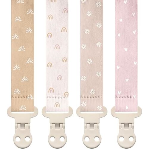 Stadela Baby Pacifier Clip Holder - Girl 4 Pack Gift Set - Boho Rainbow Suns Hearts Daisies Design (Belle)