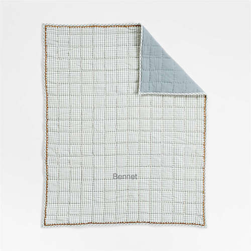 Personalized Blue Windowpane Plaid 100% Organic Cotton Baby Crib Quilt
