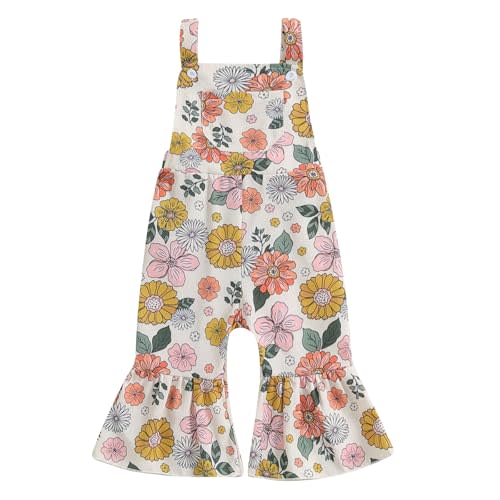 ZAXARRA Toddler Girl Fall Clothes Floral Baby Girl Bell Bottom Jumpsuit Baby Girl Overalls Flare Leg Jumpsuit