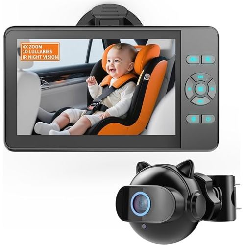 Xroose Baby Car Camera,Plug and Play Easy Setup 4.3'' HD 1080P Car Baby Monitor with 4X Zoom,10 Lullabies, Auto IR Night Vision, 360° Rotation Car Camera for Baby,Newborns,Pets