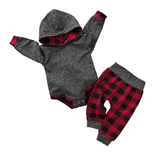 ODASIRA Newborn Baby Boy Clothes Fall Winter Infant Outfits Long Sleeve Hoodie Romper + Red Plaid Pants Set
