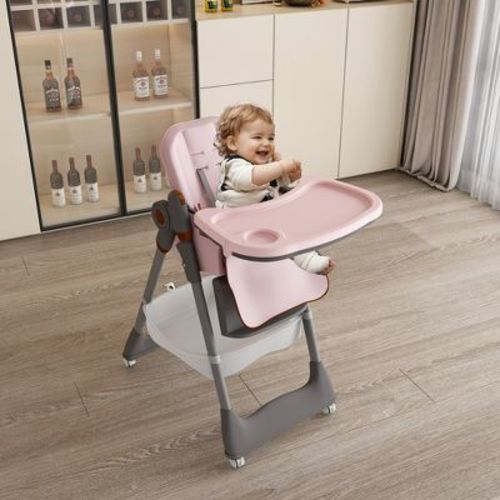 JVNOXK Adjustable Portable Baby Feeding Seat for Ages 0-6, with Safety Harness, Silent Lockable Wheels, Easy to Clean, Ideal for Home Use, Pink