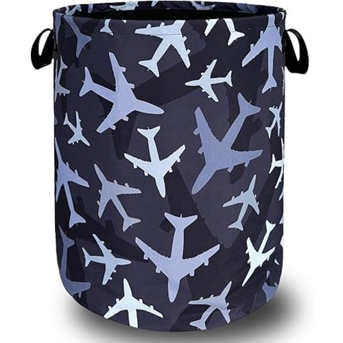 Plane Laundry Hamper Foldable With Handles Colorful Tote Bag Universal Oxford Cloth Blue Funny Laundry Basket Clothes Toy Storage Bucket 18.9" x 16.5" For Bathroom/Laundry/Bedroom
