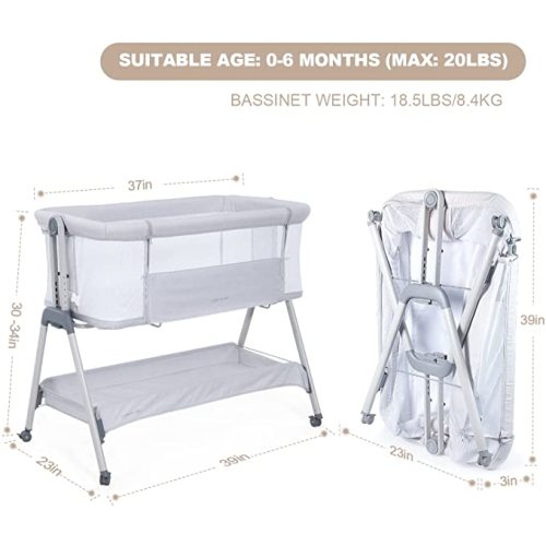 ANGELBLISS Baby Bassinet Bedside Sleeper, Easy Folding Portable Bassinet for Baby with Wheels, Adjustable Height, Included Mattress (Beige)