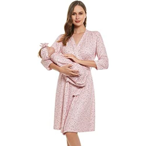 RWRWMOONPUT Mommy Robe for Maternity and Baby Swaddle Blanket,Matching Mommy Labor Delivery Robe and Receiving Blanket Set Pink Ditsy